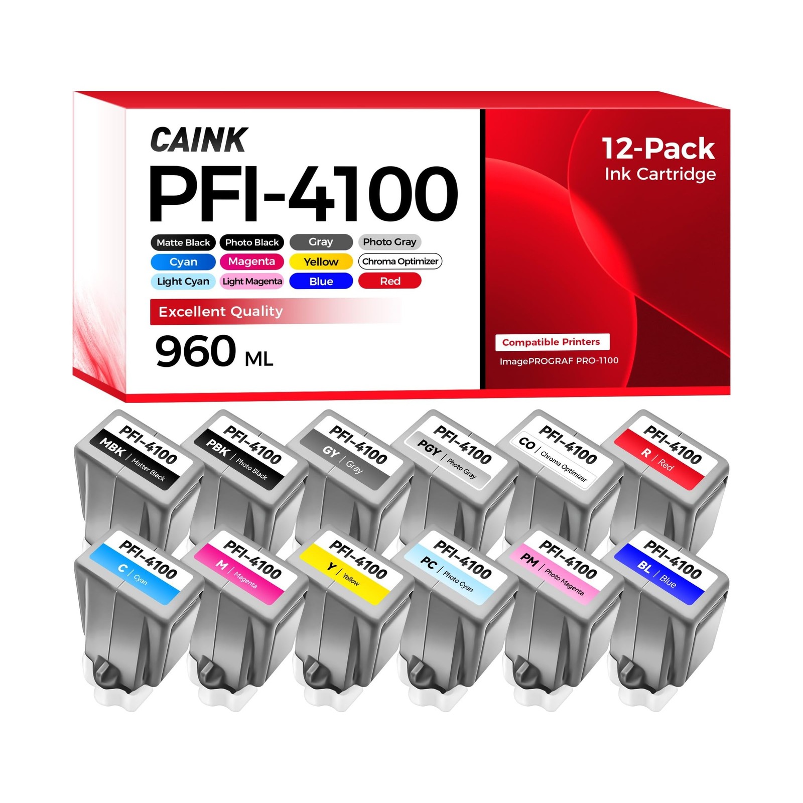 PFI-4100 Pigment Ink Tank Set 12-Pack 80ml High Capacity Replacement for Cano...