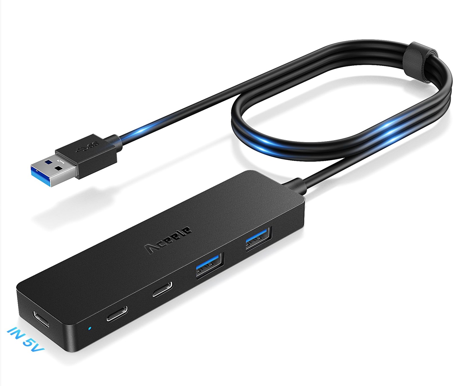 Aceele USB Hub 3.0 Splitter with 2 USB-C and 2 USB-A, 4 Ports 2A2C 4ft, Black 