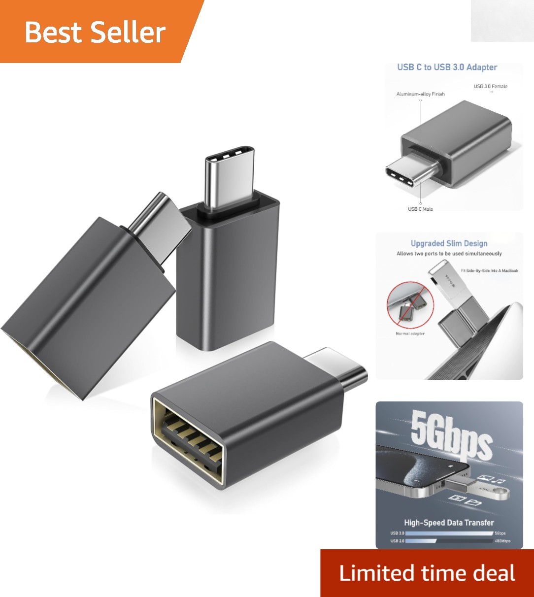3-Pack USB-C to USB-A Adapters for High-Speed Data Transfer -  Aluminum