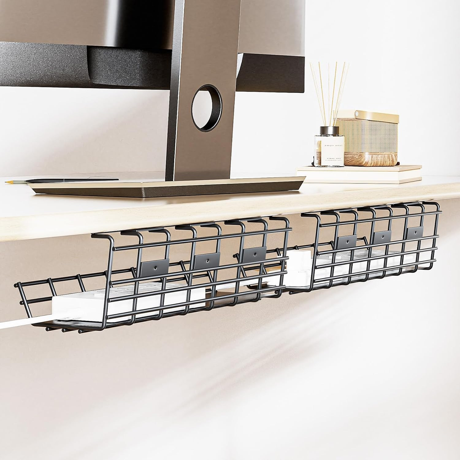 2 Pack  under Desk Cable Management Tray, Large Metal Cord Organizer, Office & H