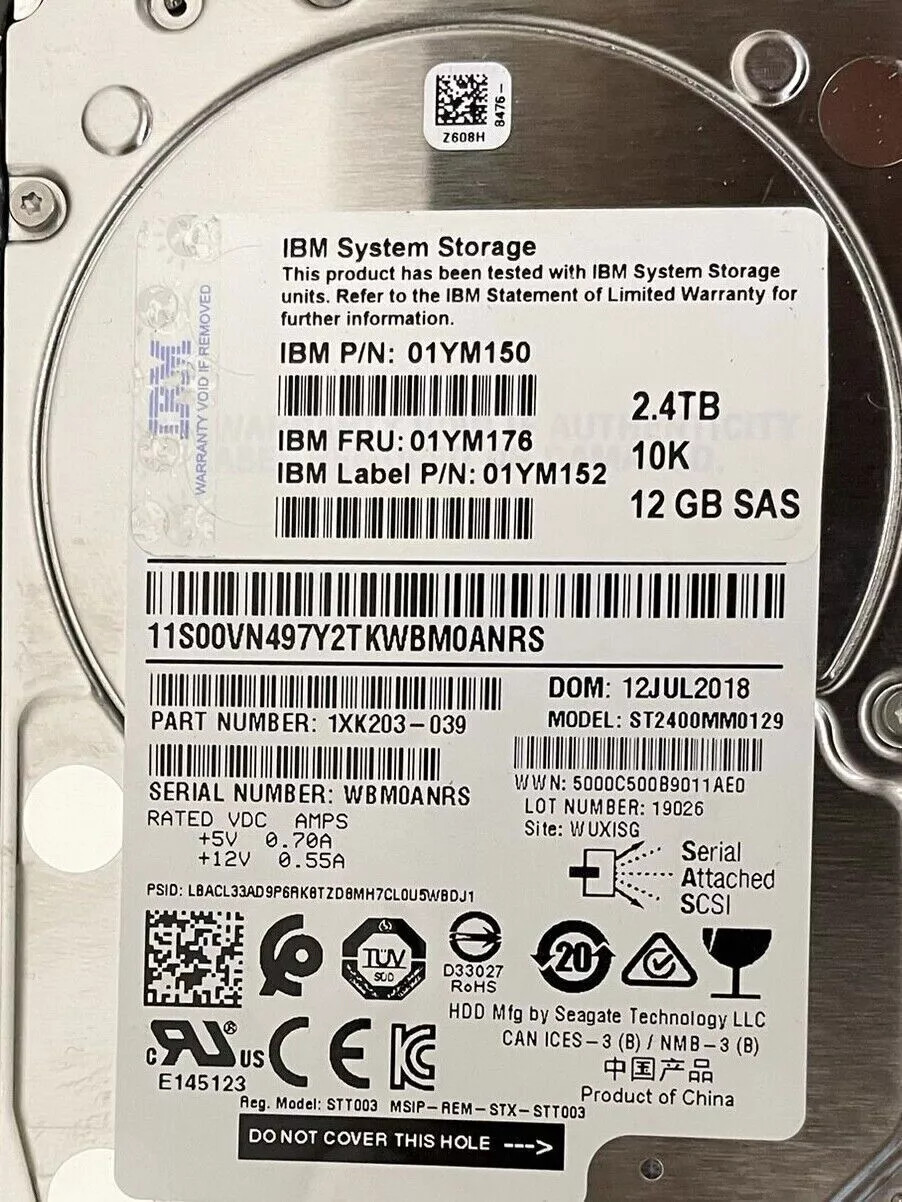 01YM176 01YM150 01YM152 2.4TB 12Gbs SAS 10K HDD IBM V7000 FS7200 Gen2 Gen3