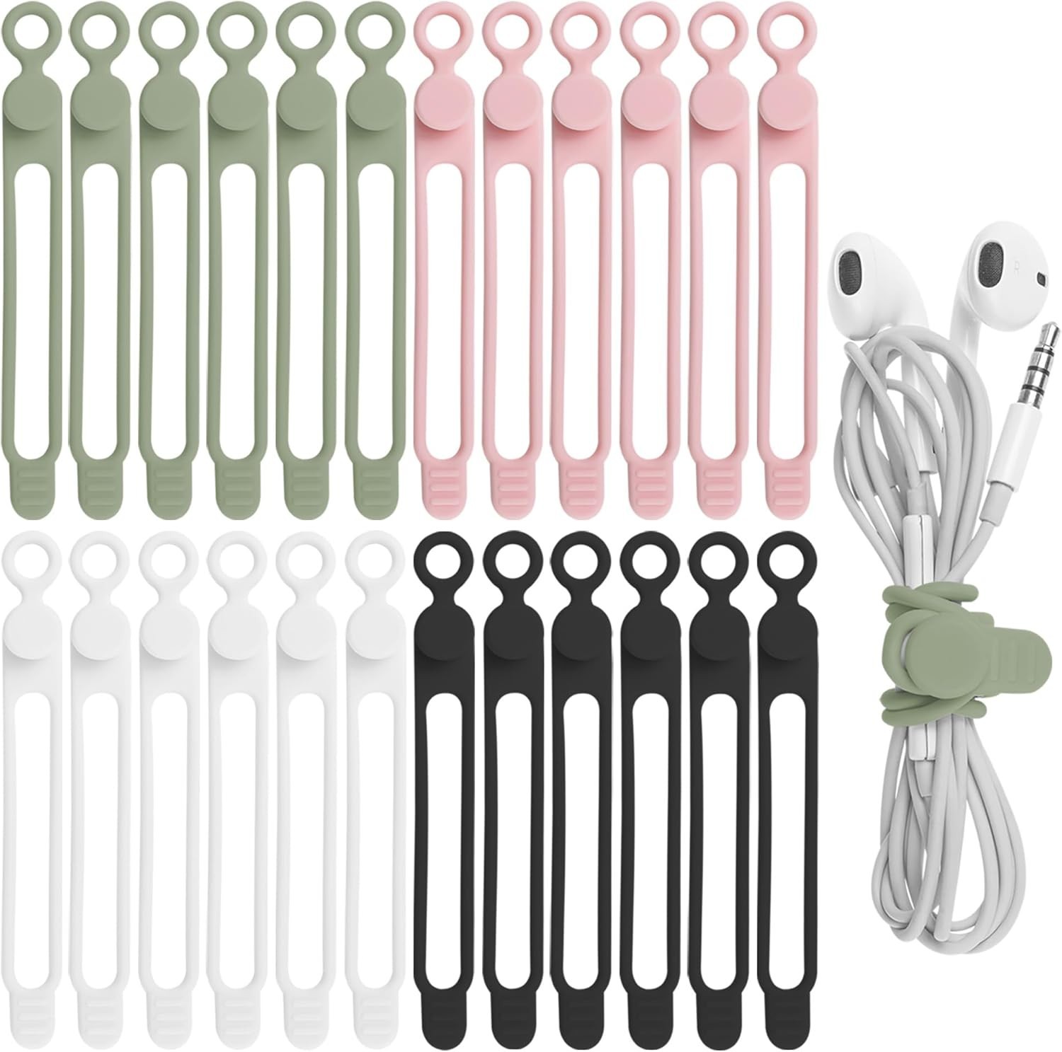 Nearockle 24Pcs Silicone Cable Straps Cord Organizer for Bundling Earphone, P...