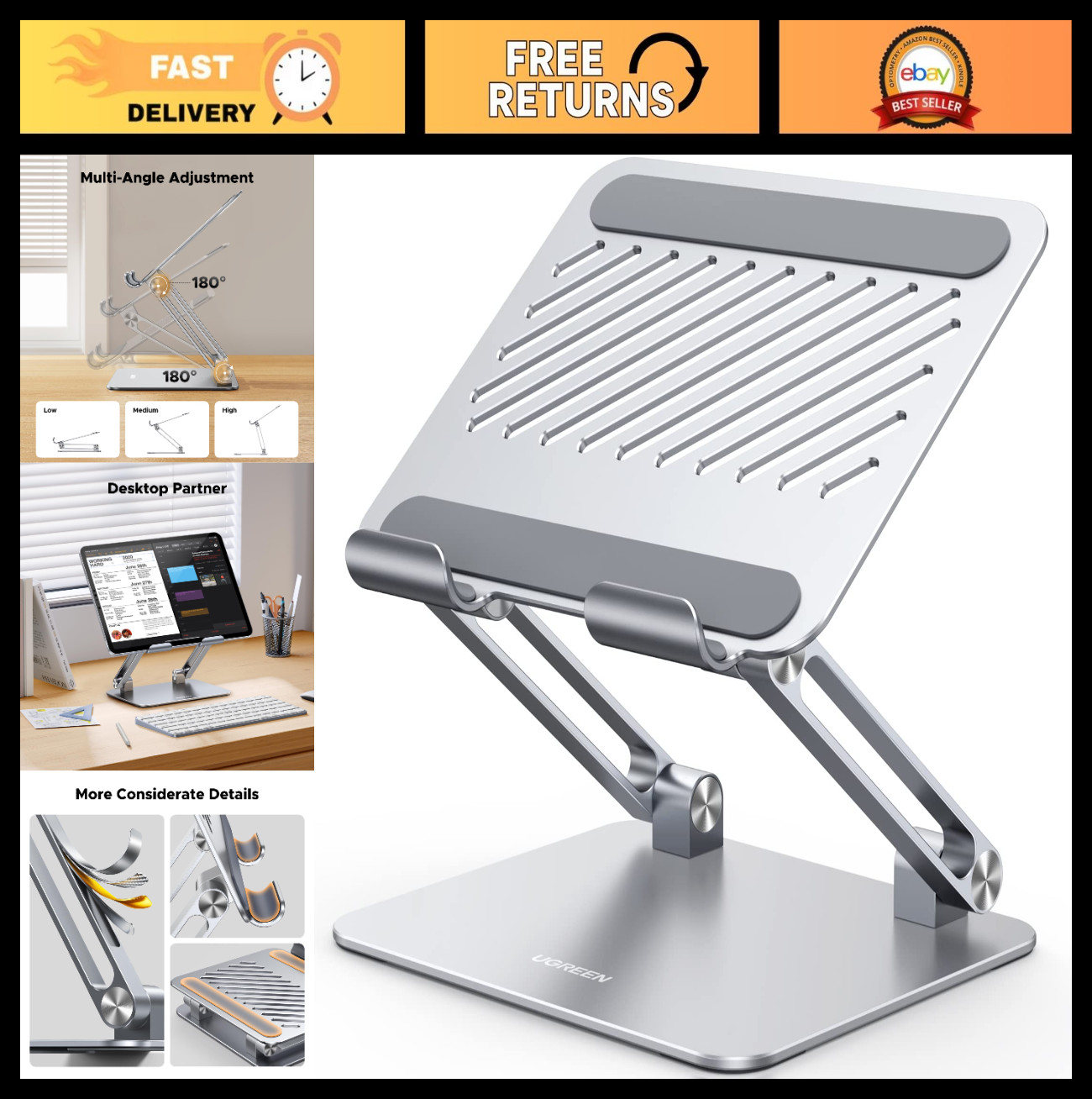 Adjustable Aluminum Tablet Stand Holder - Multi-Angle Desk Mount for iPad, E-Rea