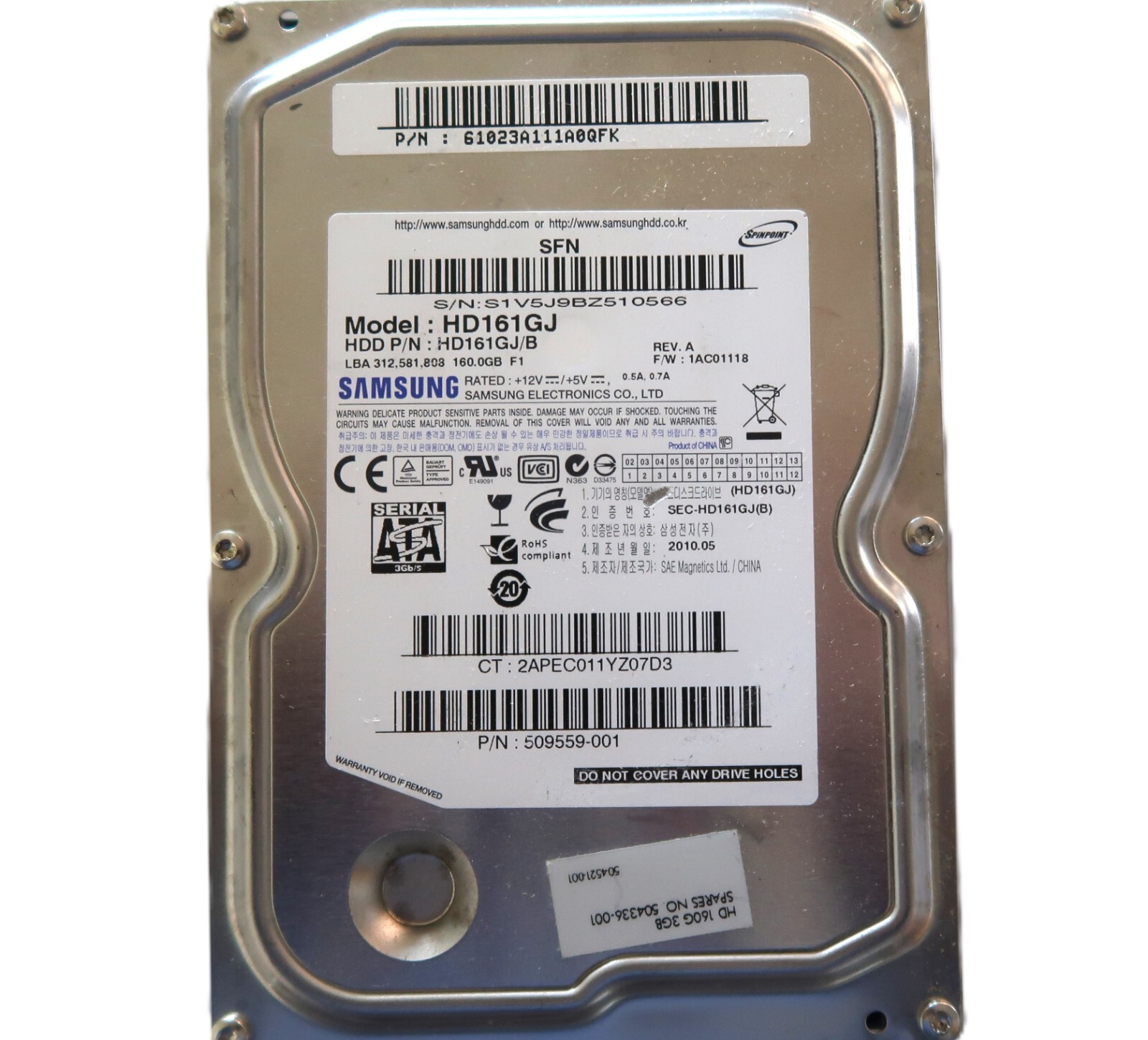 Samsung HD161GJ (HD161GJ/B) SFN Rev.A FW:1AC01118 160gb 3.5" Sata (S1V5) 2010.05