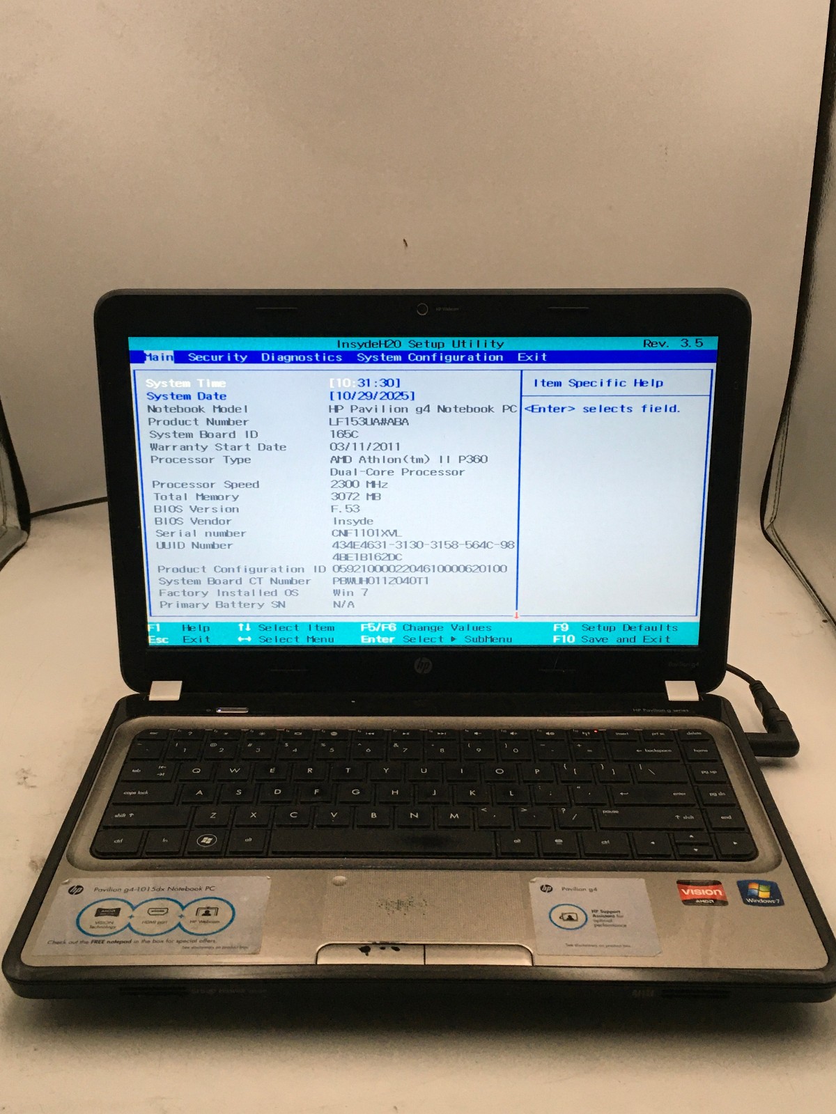 HP PAVILION G4 1015DX - BOOTS TO BIOS - AMD ATHLON II - 3GB RAM - 14" - READ -BB