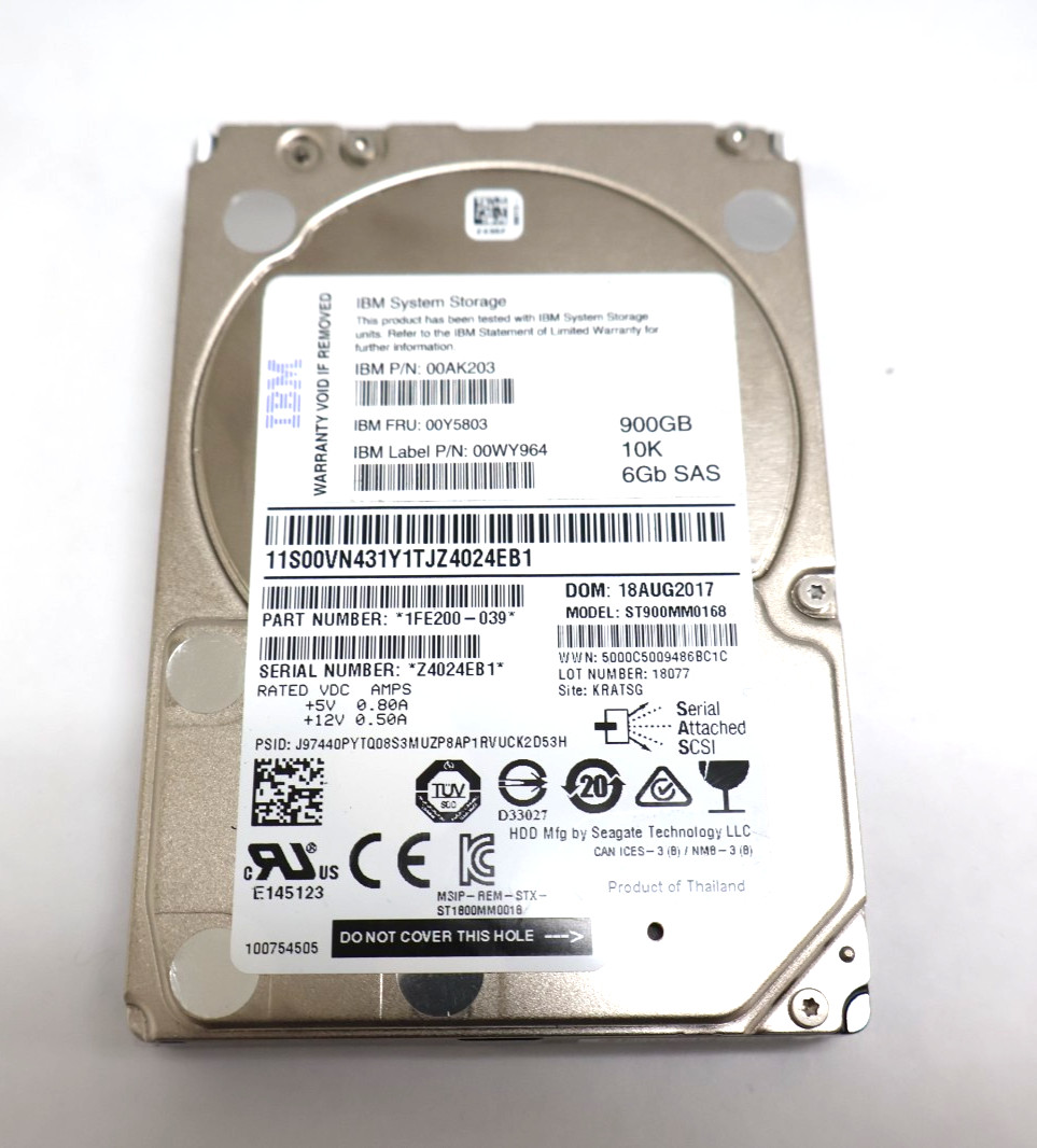 IBM 900GB 10K SAS 6Gb/s 2.5" Hard Drive 00AK203 ST900MM0168