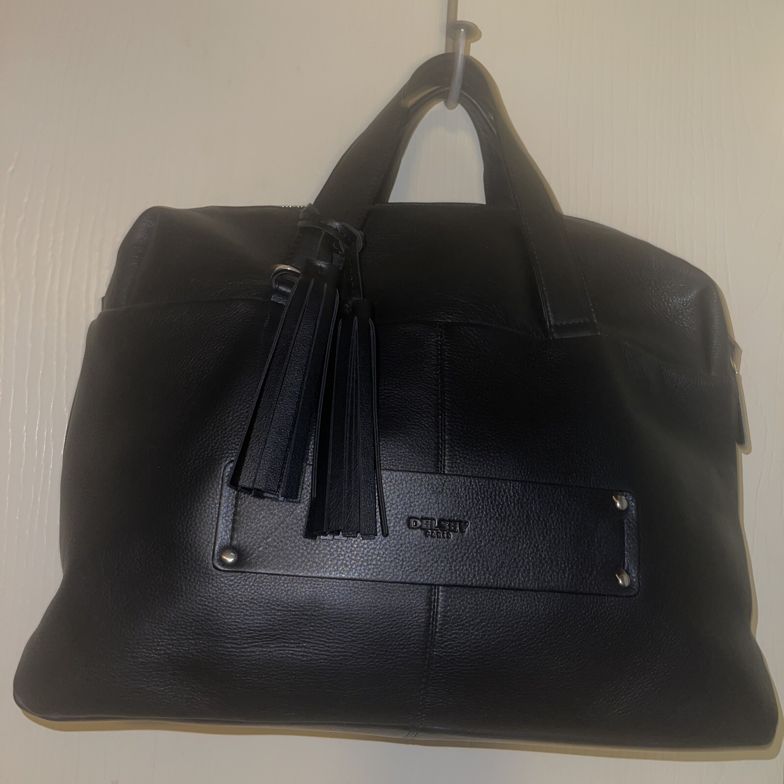 DELSEY Paris Black Leather Tassels Messenger Bag/Laptop Zip Top  Briefcase