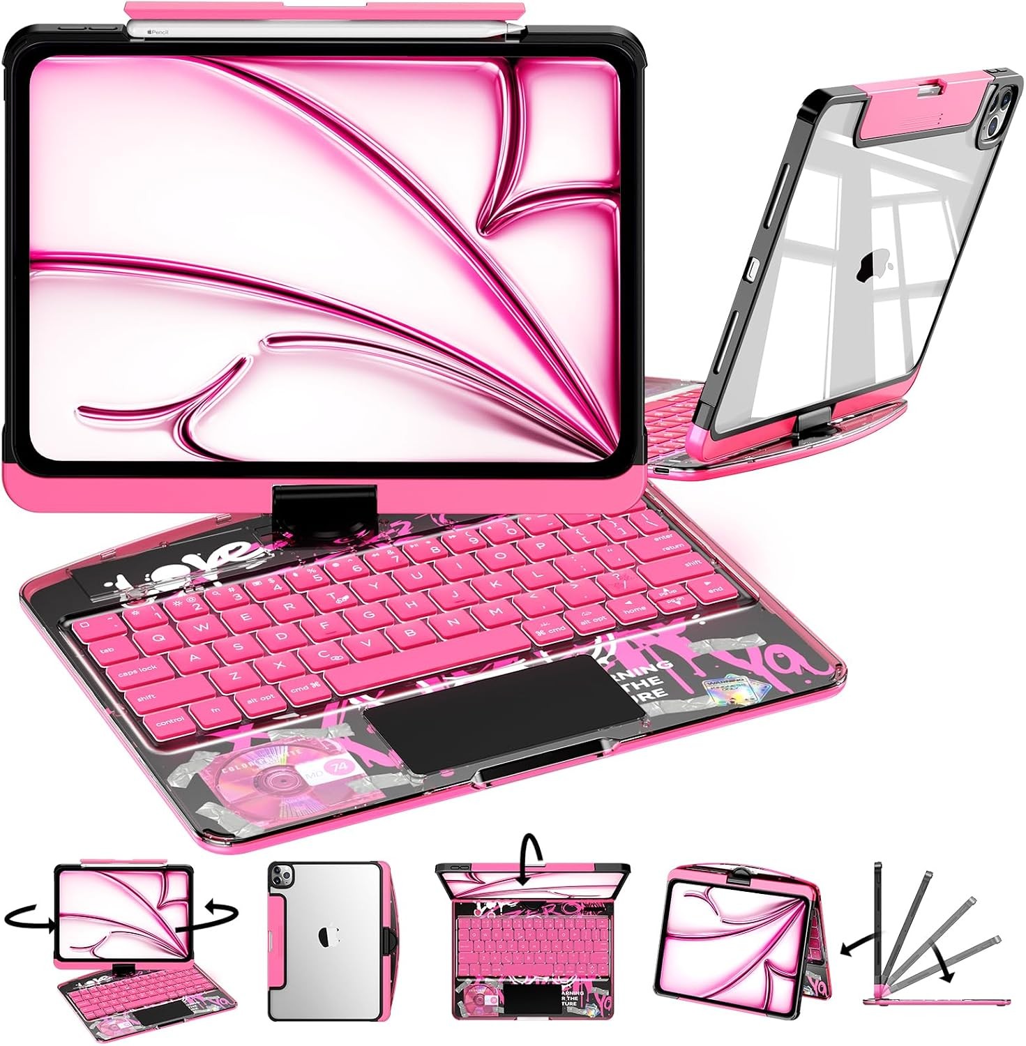 Transparent Keyboard Case for iPad Pro 13''/11'', iPad A16 11/10th 360°Rotation
