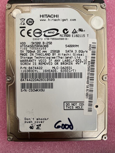 Hitachi Travelstar 250GB 2.5 SATA 5400RPM HDD HTS545025B9A300 0A74422