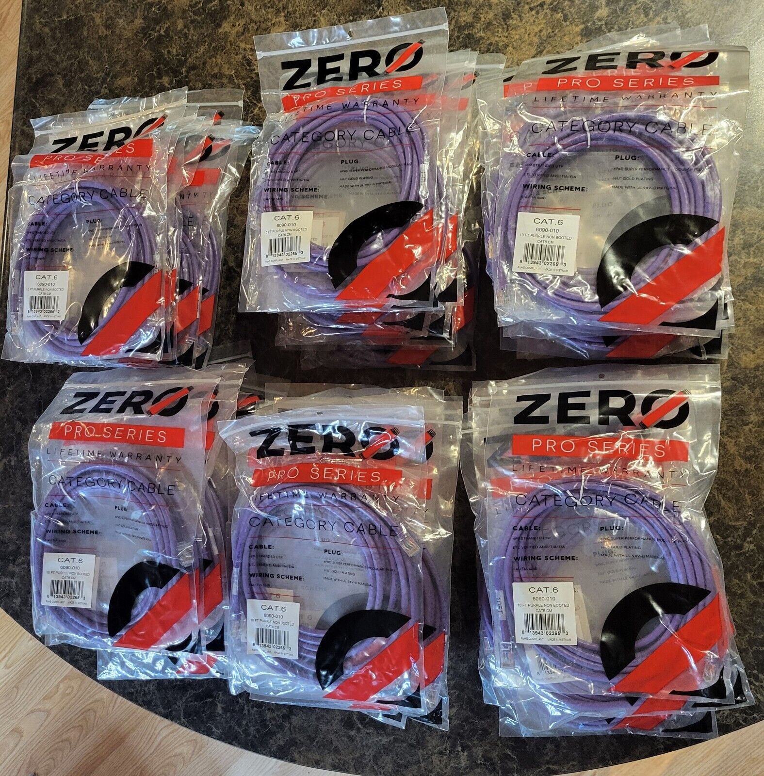 **Lot of 59**ZERO Pro Series Purple Patch Cable 6090-010 10 Ft.  Non Booted CAT6
