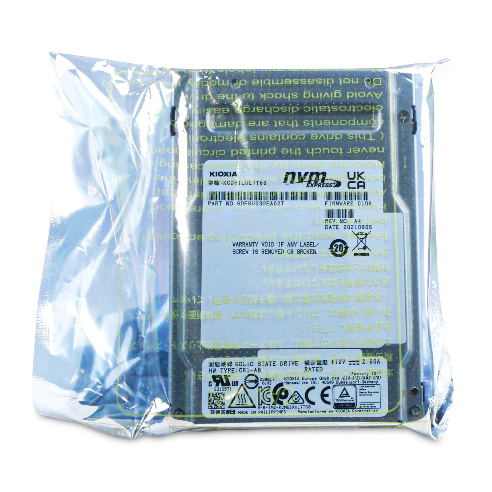 Kioxia CD6-R 7.68TB KCD61LUL7T68 PCIe Gen 4.0 x4 8GB/s 3D TLC U.2 NVMe 2.5" SSD