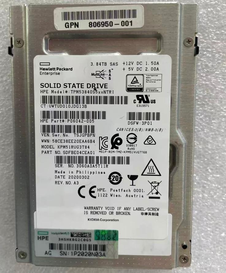 KIOXIA PM5 3.84TB HPE SSD 2.5" SAS 12Gbps TPM53840S5xnNTRI 90%+ Health