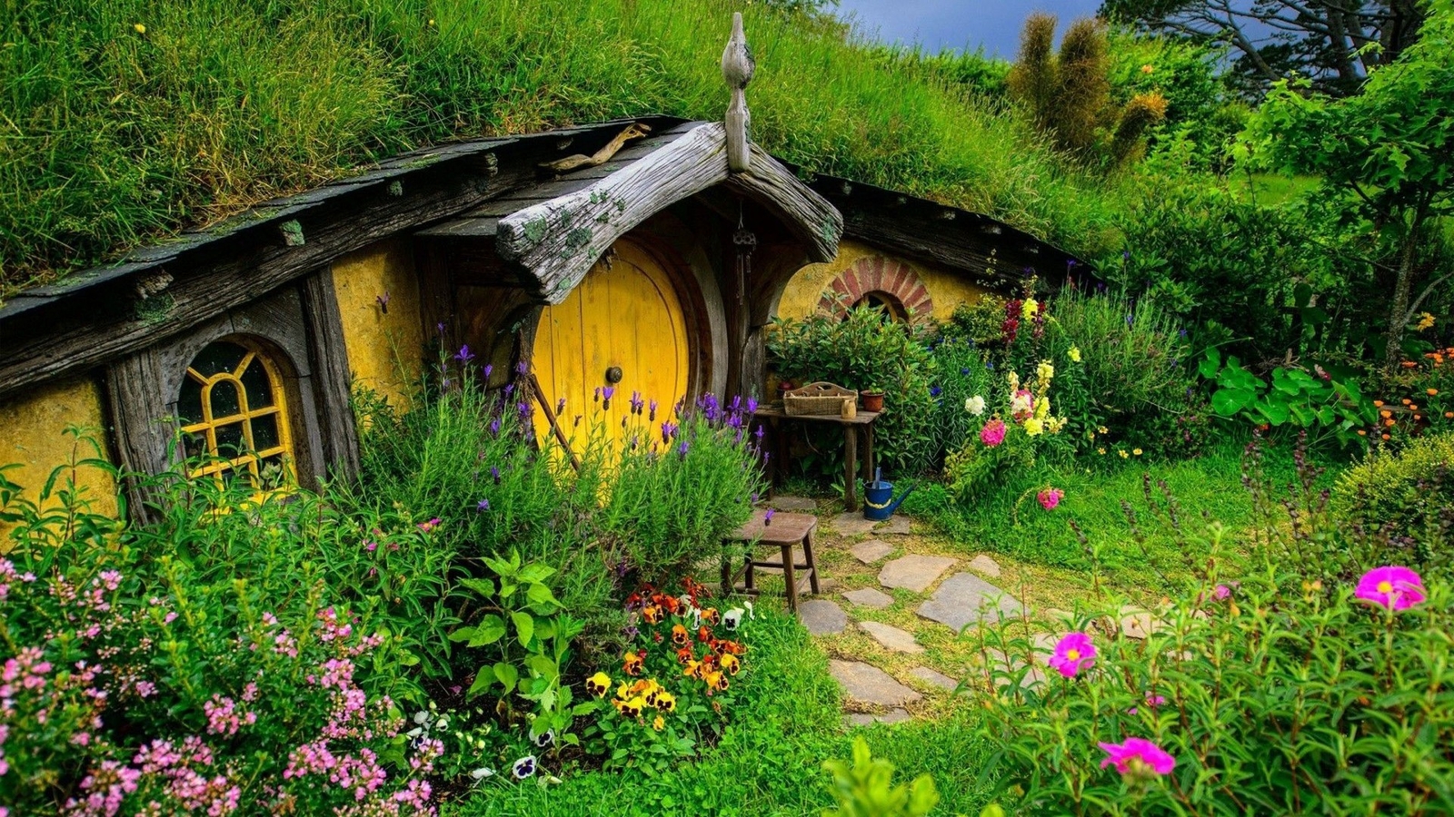 Landscape nature house new zealand hobbiton door trees Custom Gaming Mat Desk