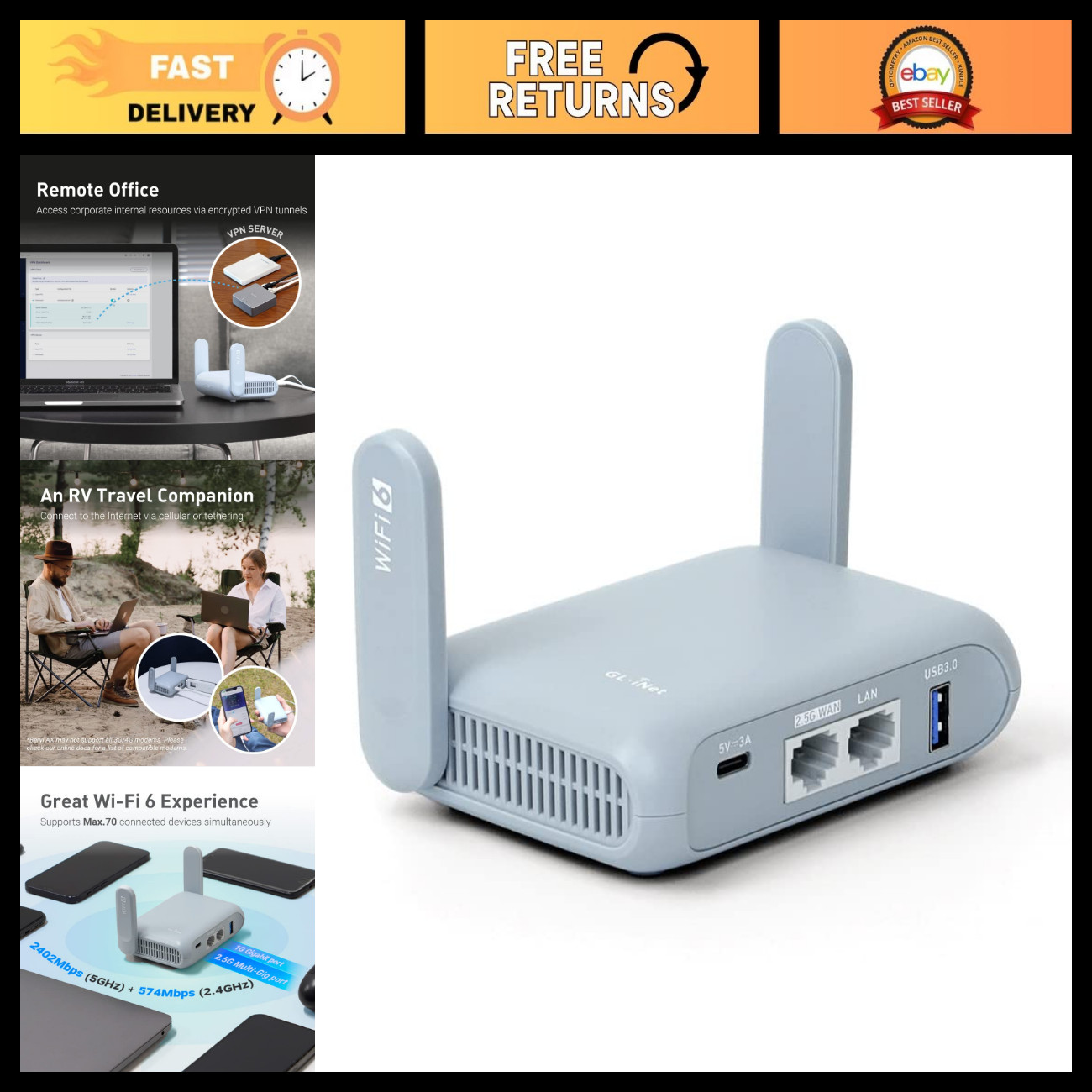 Wi-Fi 6 Travel Router, 2.5G WAN, VPN Support, OpenWrt, Portable Hotspot