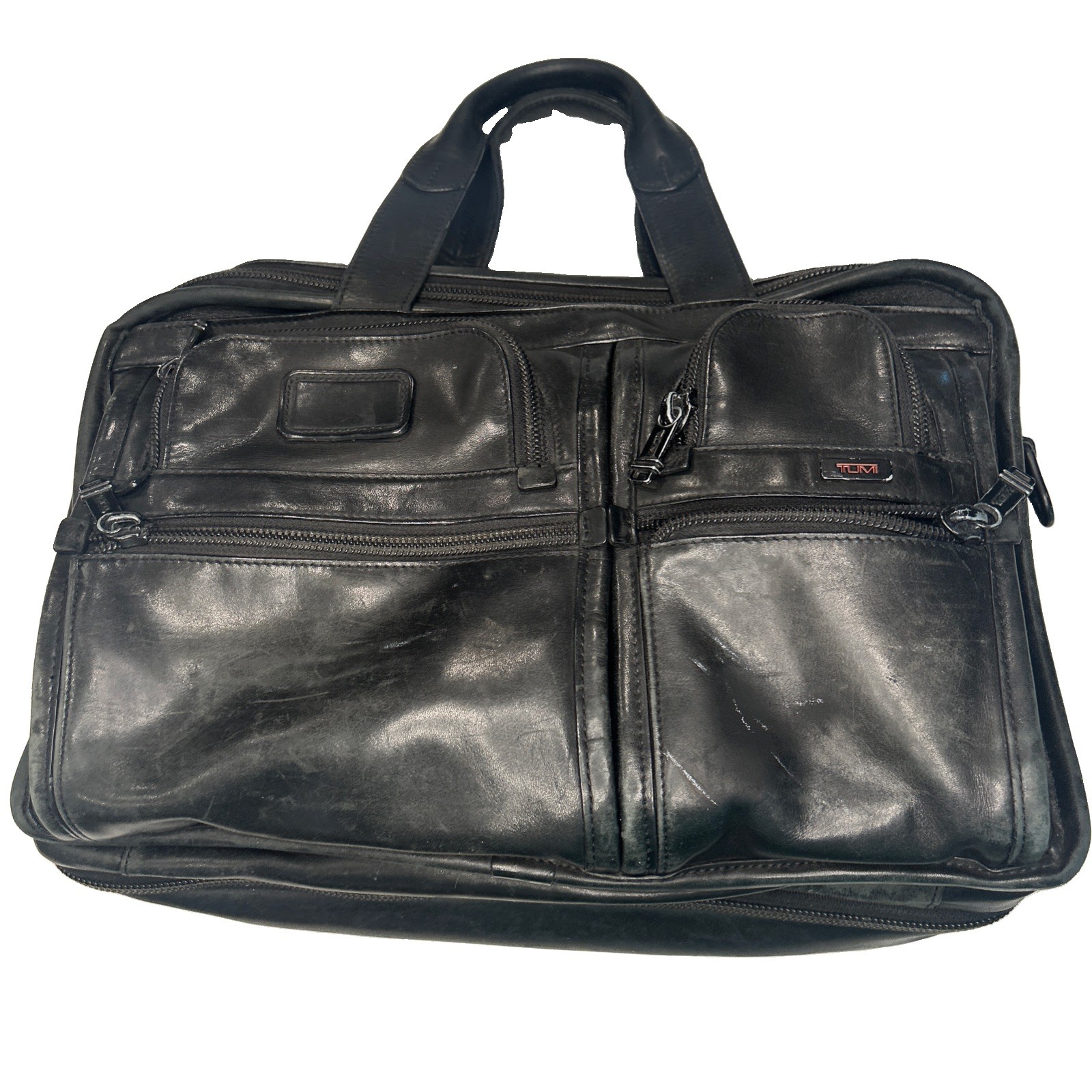 Tumi Alpha Black Leather Expandable Messenger Laptop Bag Heavy Use No Strap