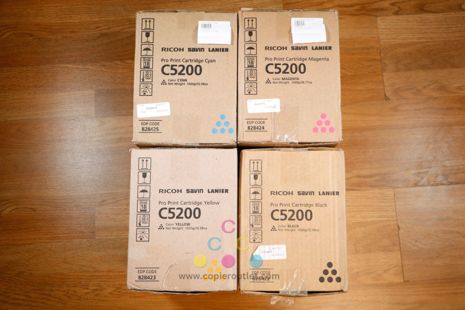4 Genuine Ricoh C5200,C5210 CMYK Toners 828422, 828423, 828424, 828425, Bad Box