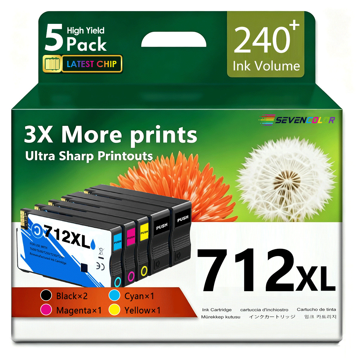 712XL Ink Cartridges 5-Pack (80-ml 2BK / 29-ml C/M/Y) |Replacement for HP 712XL