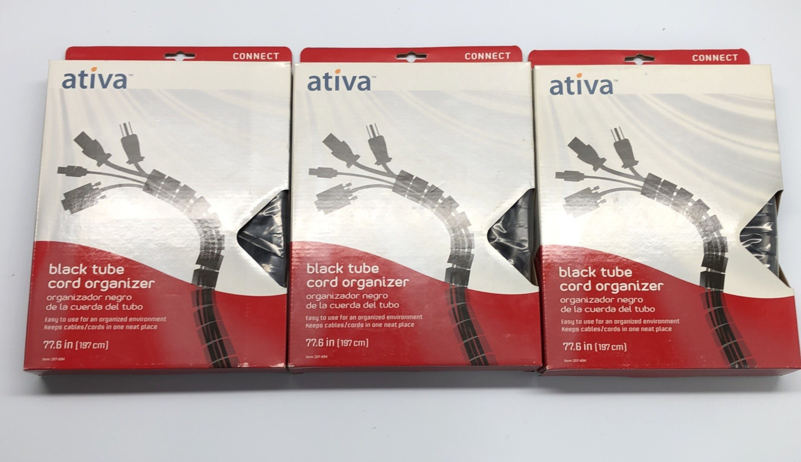 LOT OF 3 Ativa Cable Management Black Tube Cord Organizer 77.6 in CM07B 207-694