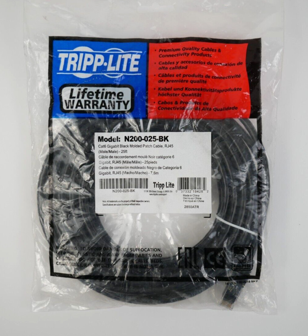 Tripp Lite N200-025-BK Cat6 RJ45 25ft Gigabit Black Molded Patch Cable