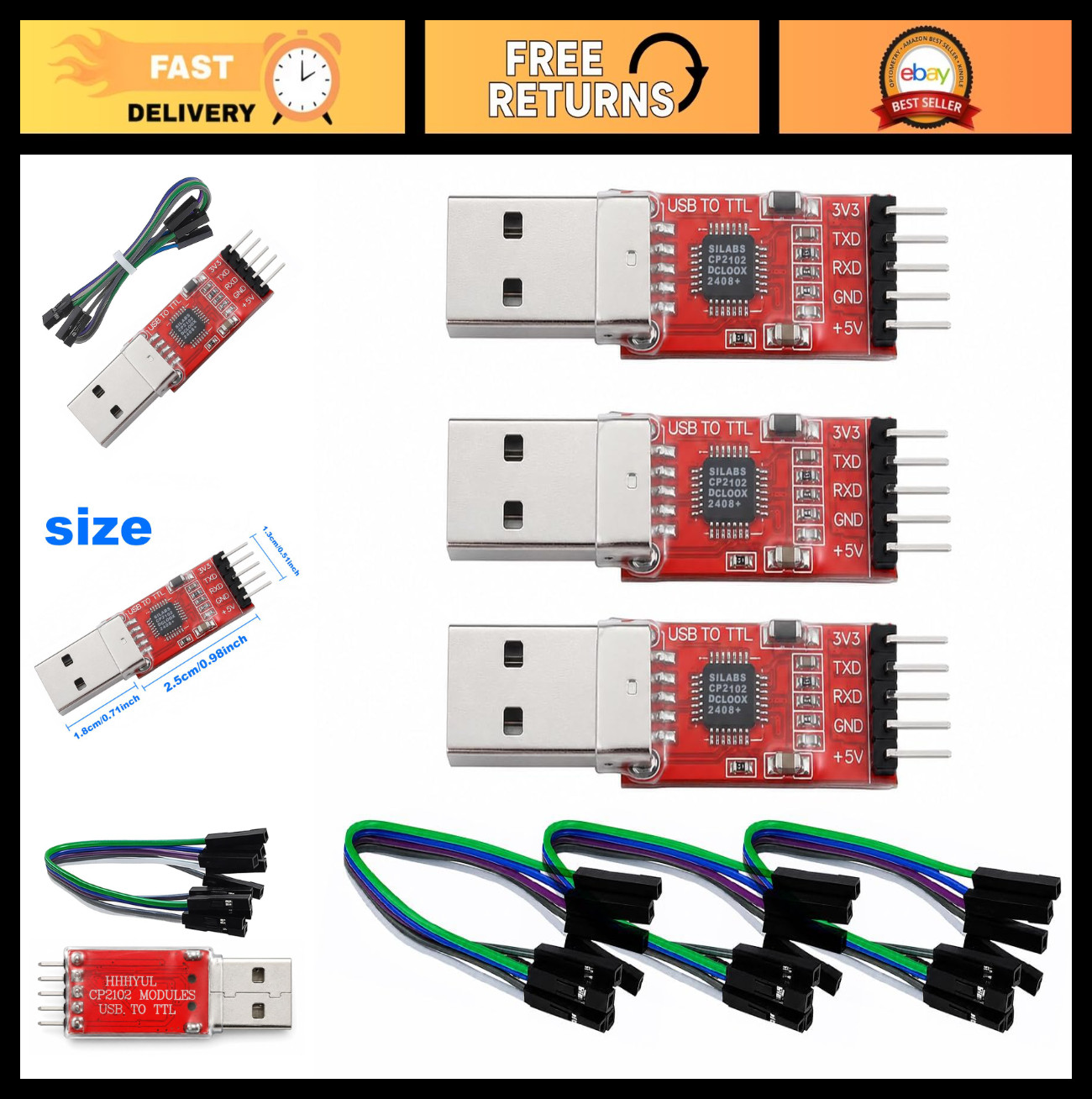 USB to TTL Serial Adapter 3-Pack - 5Pin UART Converter Module, 3.3V/5V Output, J