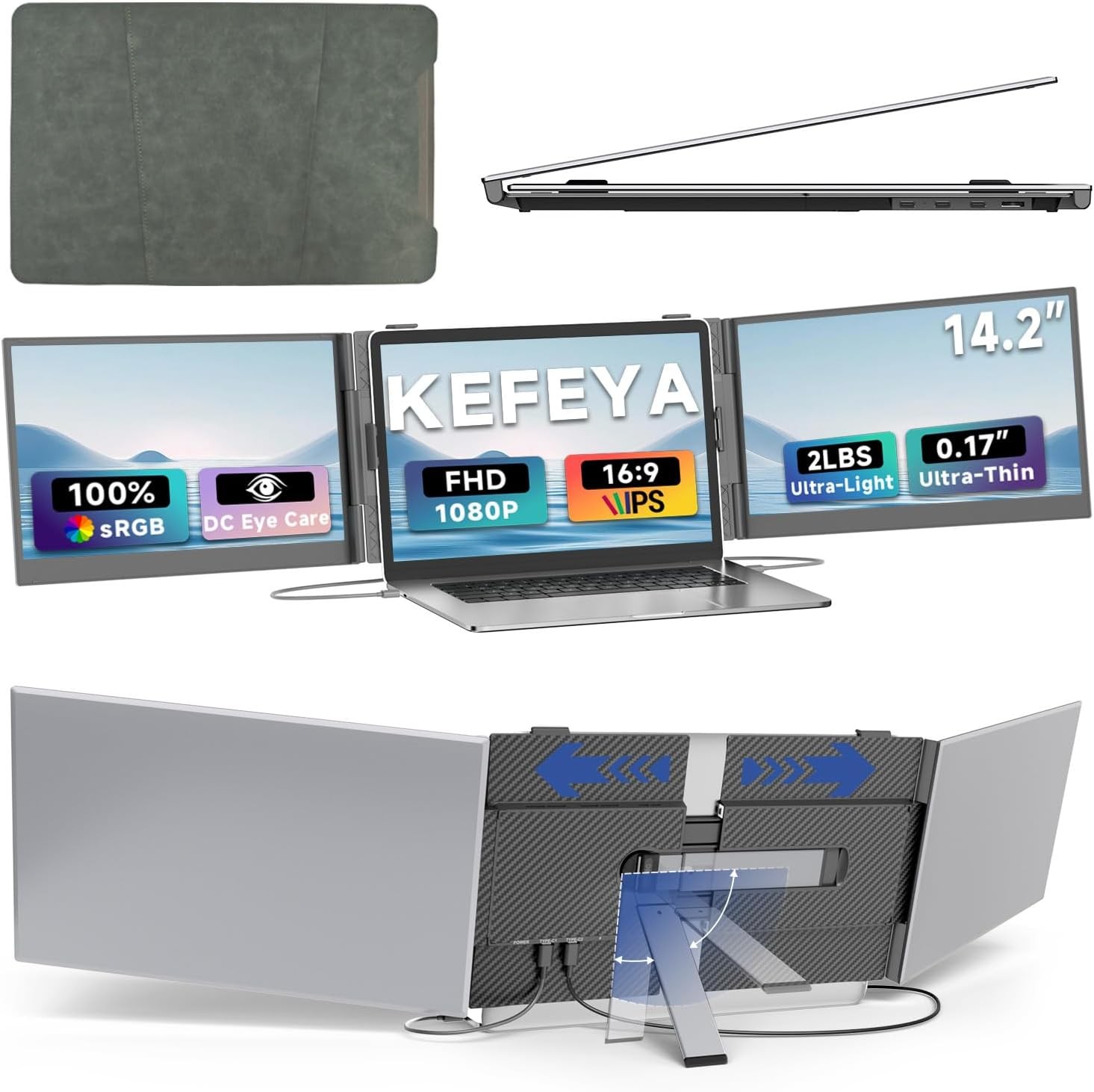 14.2" Triple Laptop Screen Extender, 1080P FHD IPS Portable Monitor Plug & Play