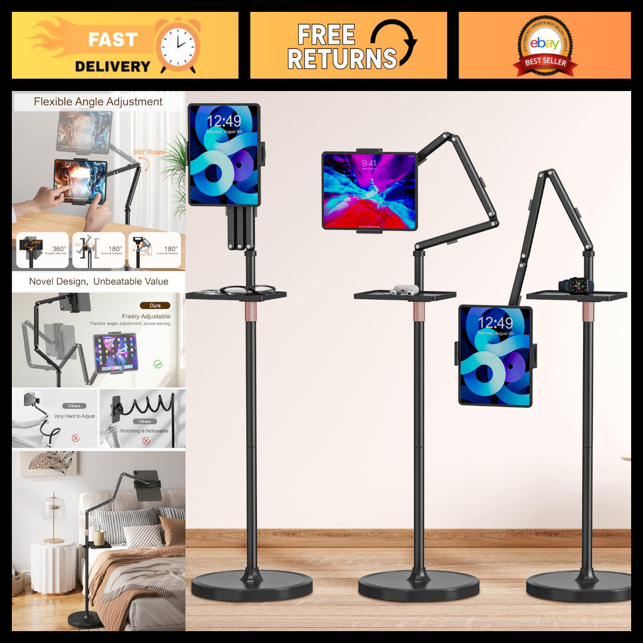 Height Adjustable Tablet Floor Stand with Removable Tray for iPad & More
