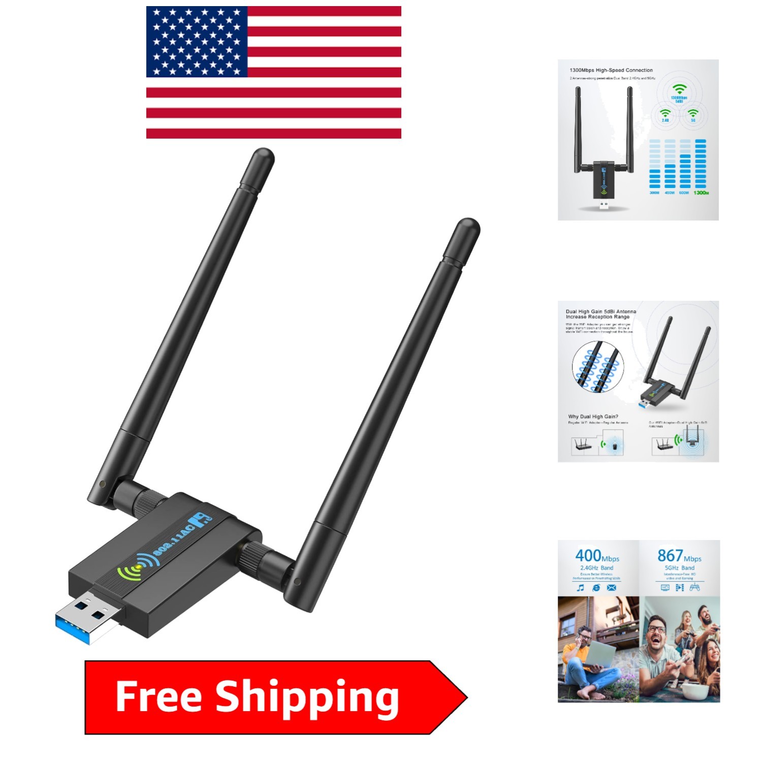 Effortless Wireless Connectivity: 1300Mbps USB WiFi Adapter for PC & Laptops