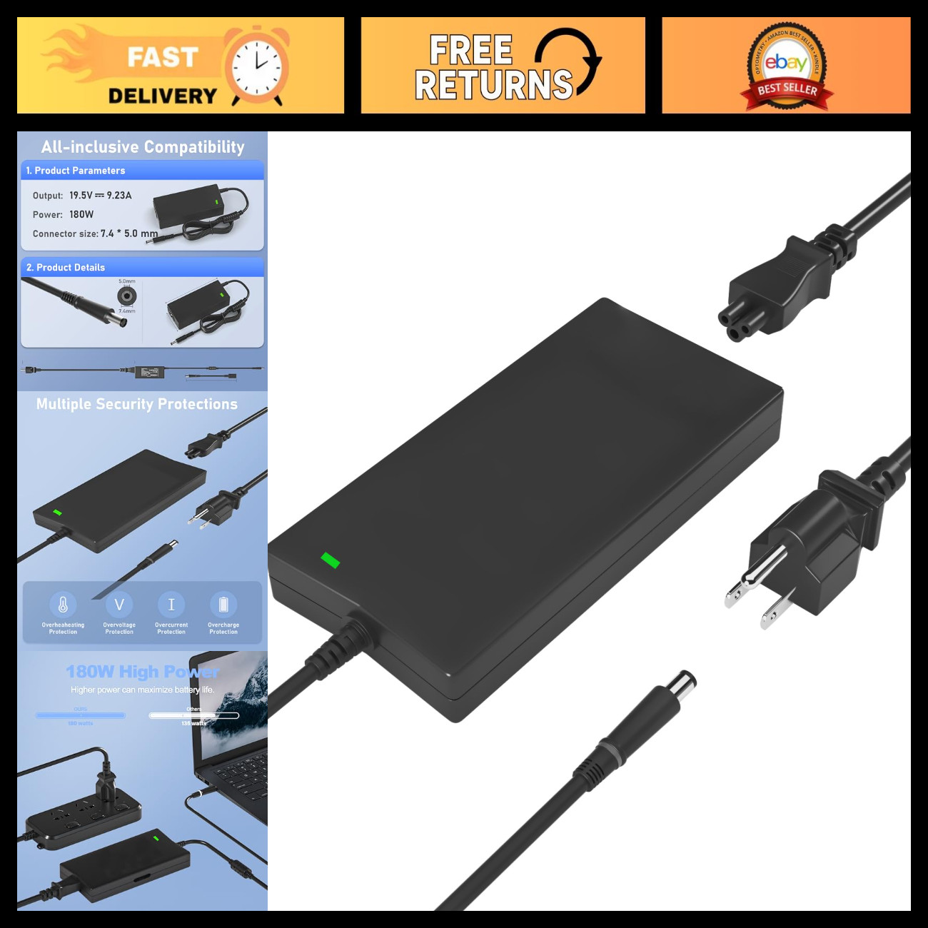 180W Power Adapter Cord for Dell Dock WD19 WD19S WD19TB WD19TBS WD19DCS WD22TB4