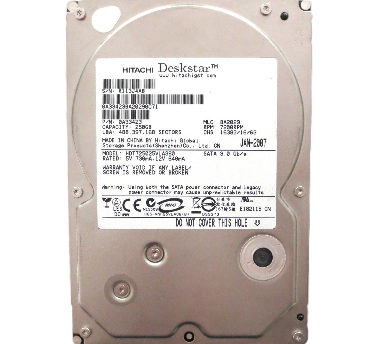 Hitachi HDT725025VLA380 0A33423 MLC:BA2029 (R113) China 250gb Sata 3.5" JAN-2007
