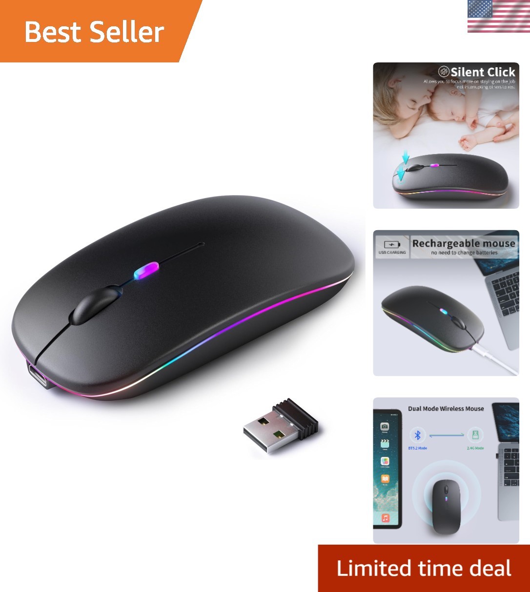 Ultra-Slim Dual Mode Wireless Mouse - Rechargeable & Quiet Click Technology