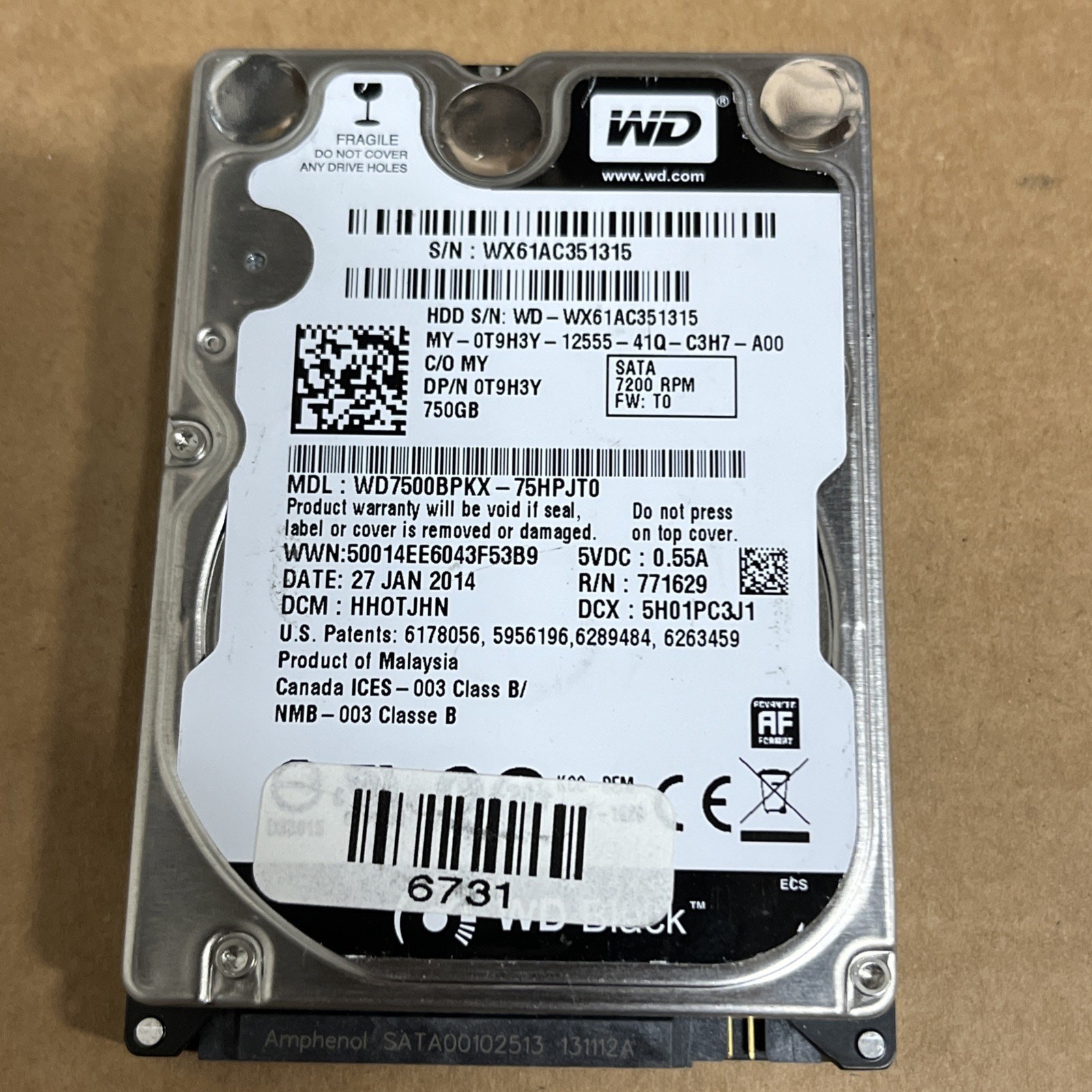 Western Digital WD7500BPKX 2.5" SATA 750GB HDD 7200rpm 0T9H3Y 75HPJT0