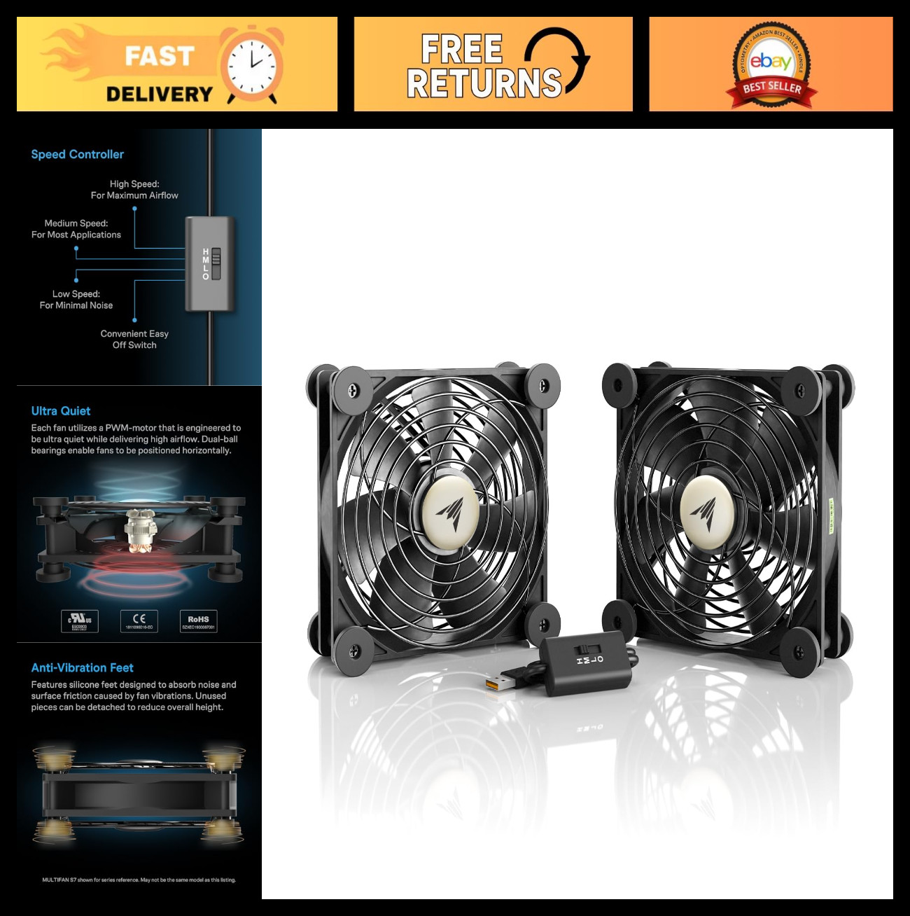 Ultra-Quiet Dual 120mm USB Cooling Fan with Speed Controller for Electronics