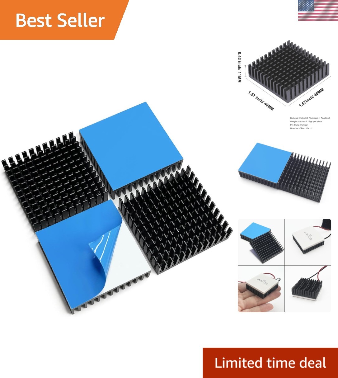 4PCS 40mm Aluminum Heatsink 40x40x11mm + Thermal Conductive Adhesive Tape, He...
