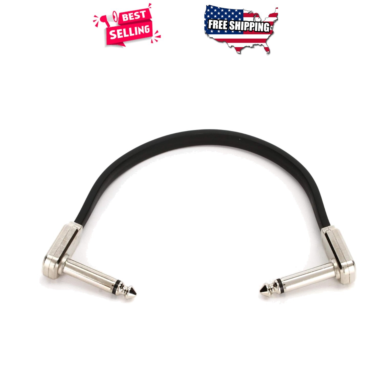 Flat Ribbon Patch Cable 6in Black 1/4 TS TRS Male Audio Pedalboard Tangle Free