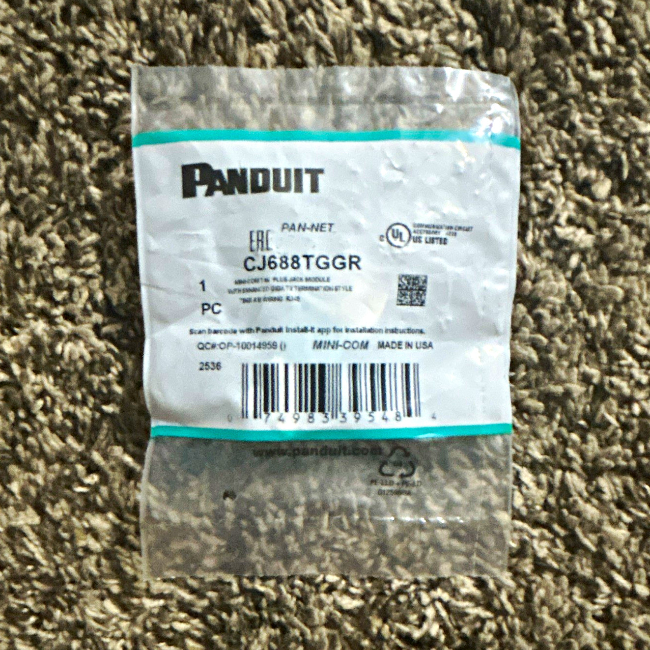Panduit Mini-Com CJ688TGGR RJ45 to RJ45 Jack Module, Green/White