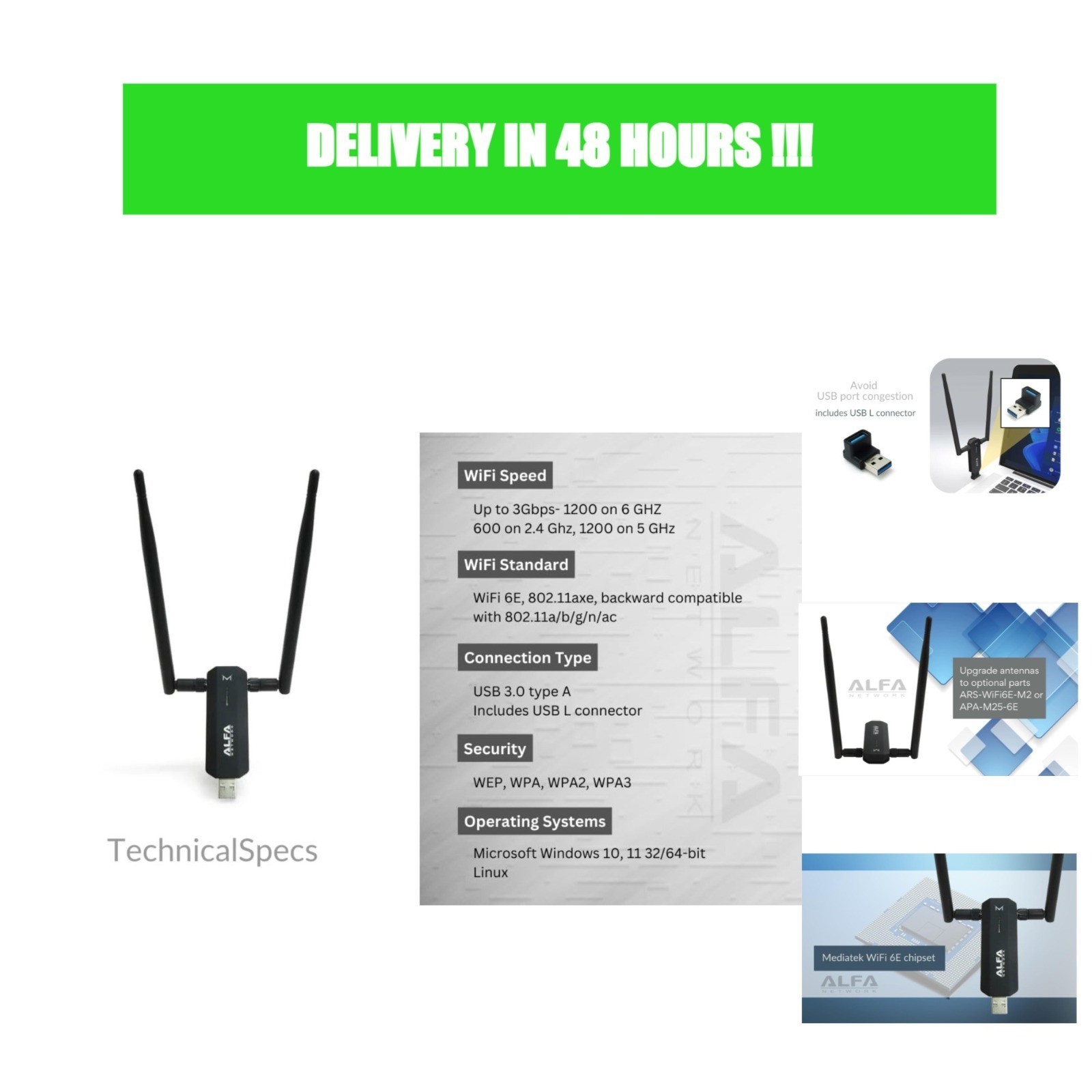ALFA AWUS036AXM WiFi 6E USB 3.0 Adapter AXE3000 Tri-Band 3Gbps
