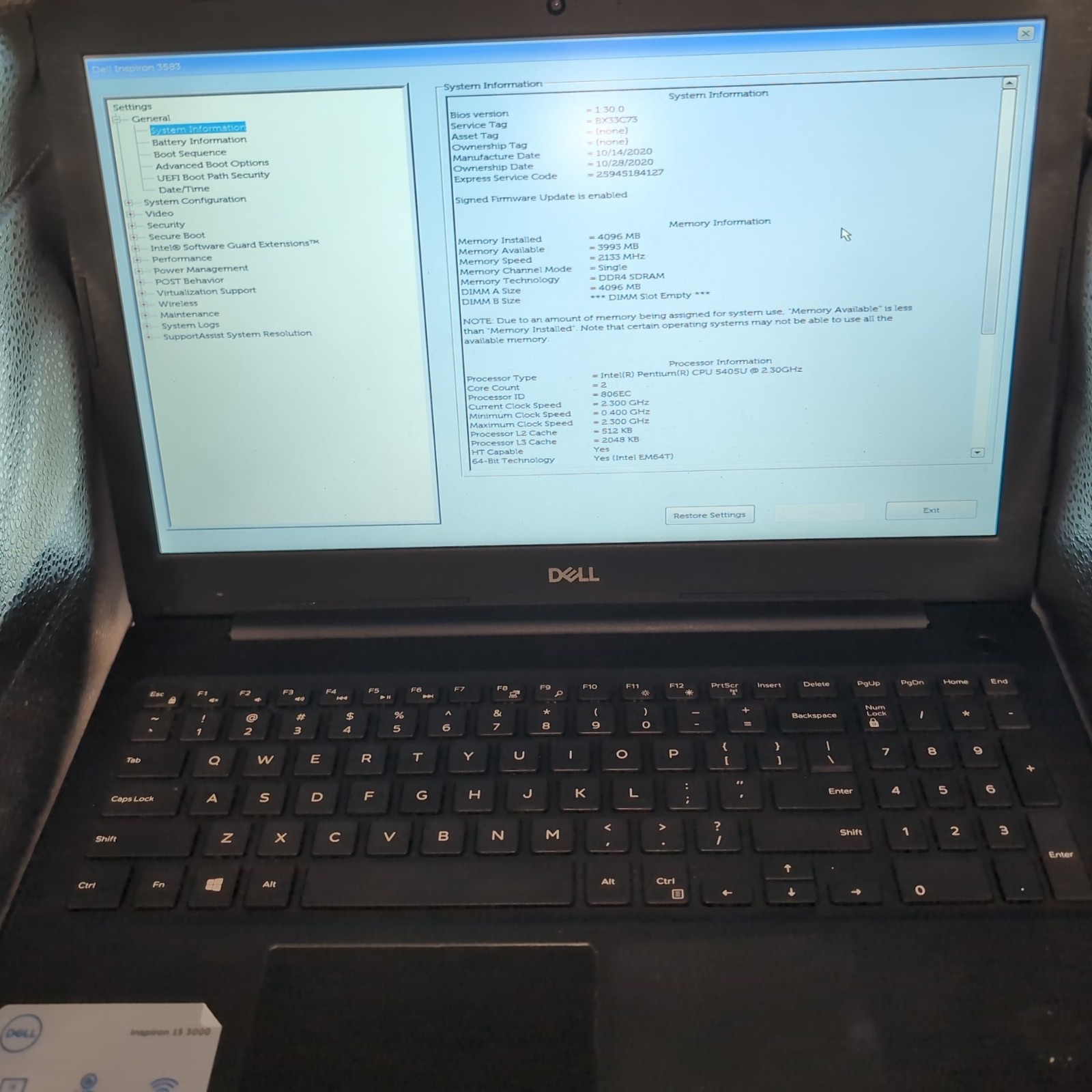 Dell Inspiron 3583 15.6 Laptop Pentium 5405U 4GB --- (No HDD/SSD)