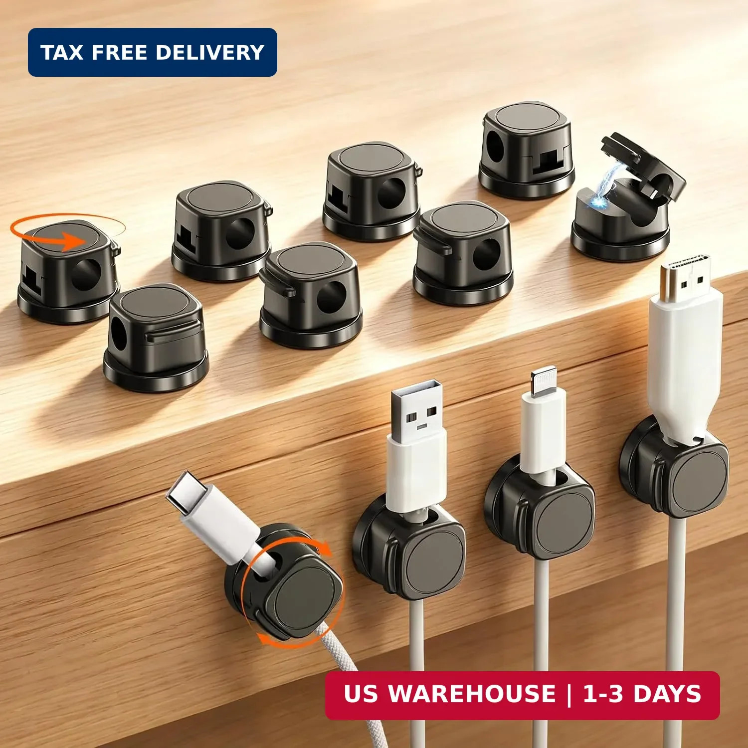 Magnetic Cable Clips 12 Pack, 360° Rotatable Self-Adhesive Cord Holder with One-