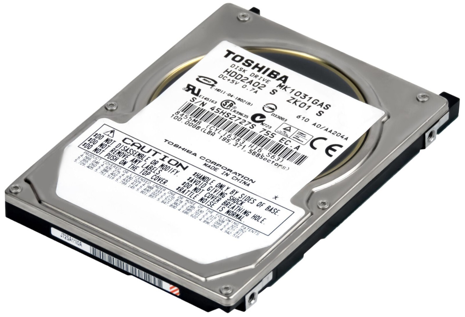 HARD DRIVE TOSHIBA MK1031GAS 100GB 4.2k 8MB ATA 2.5''