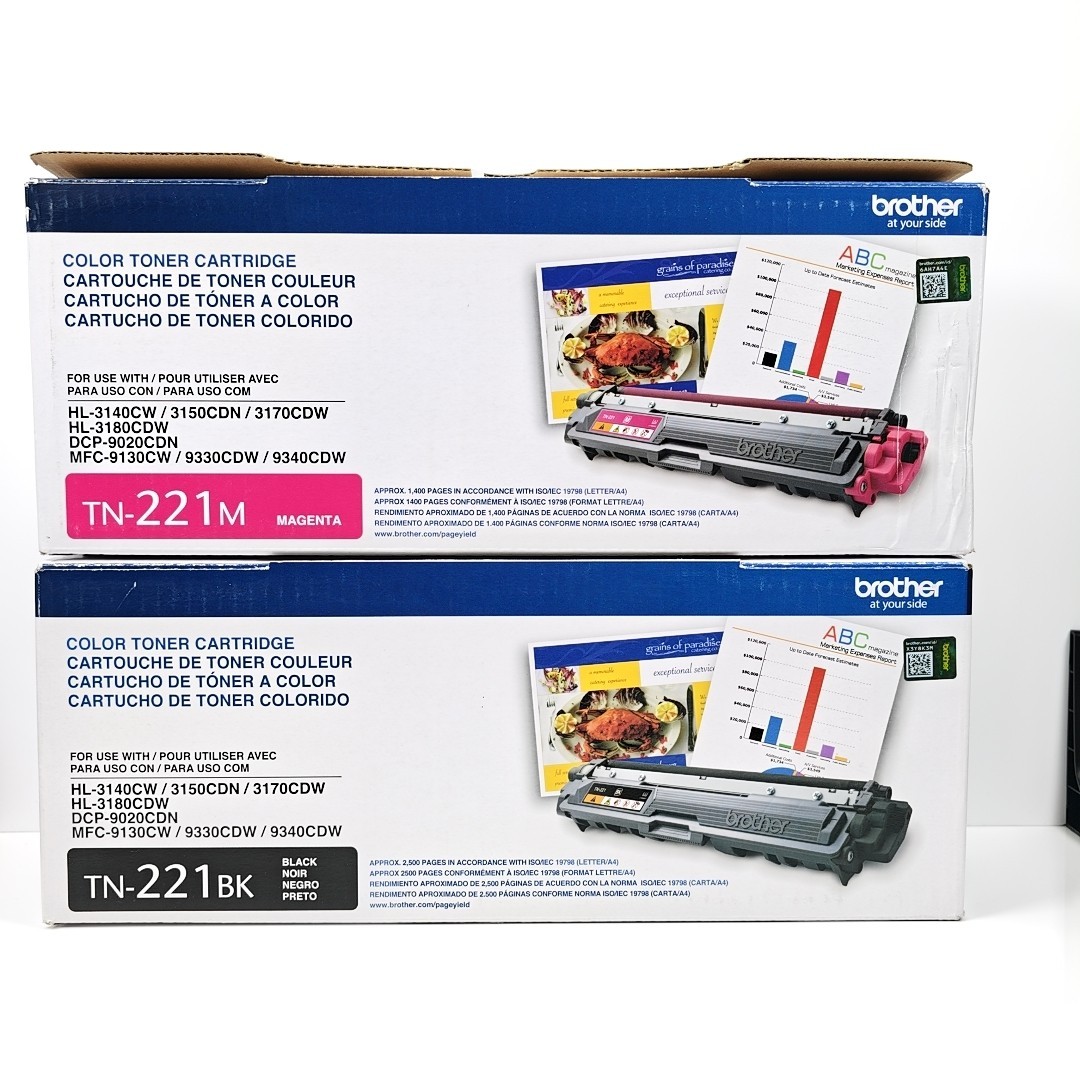 Lot of 2 - Genuine Brother TN221BK Black & TN221M Toner Cartridges Open Box 