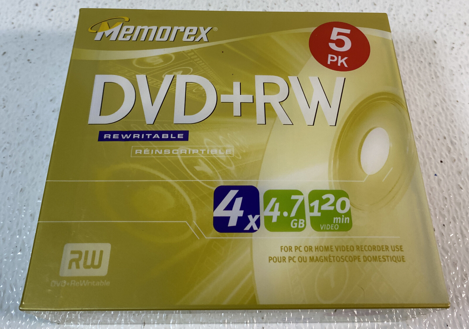 New Memorex 5-PACK DVD-RW  Recordable Discs 4X 4.7GB 120Min in Cases ,Sealed