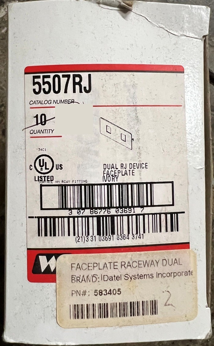 Wiremold 5507RJ Dual RJ11/RJ45 Connector Faceplate, Ivory-Box of 10