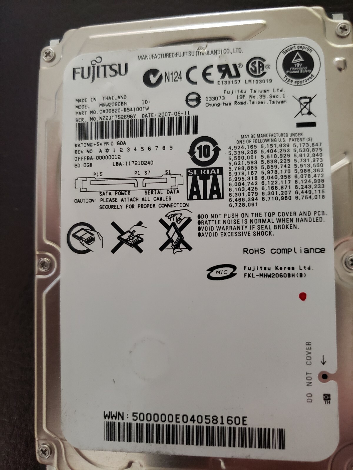 Fujitsu MHW2060BH CA06820-B54100TW  2.5" 60gb Sata Hard Drive