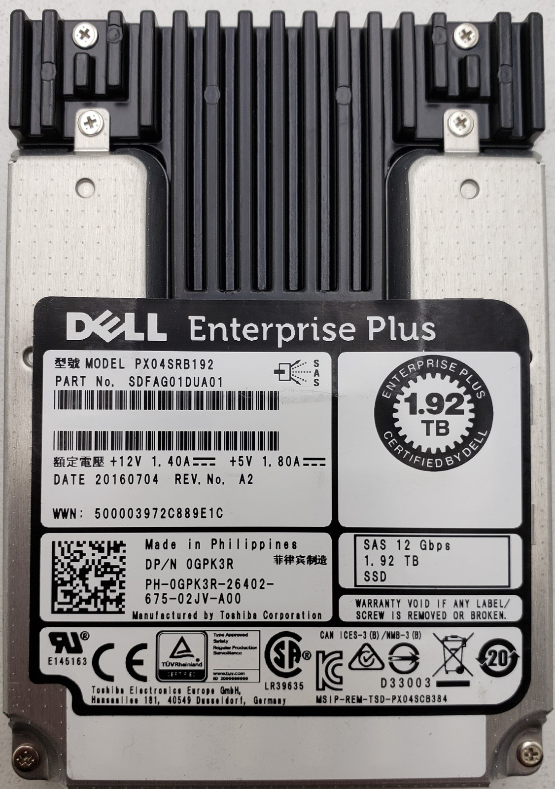 Dell PX04SRB192 1.92TB 12Gb/s SAS 2.5in Enterprise SSD P/N: SDFAG01DUA01.