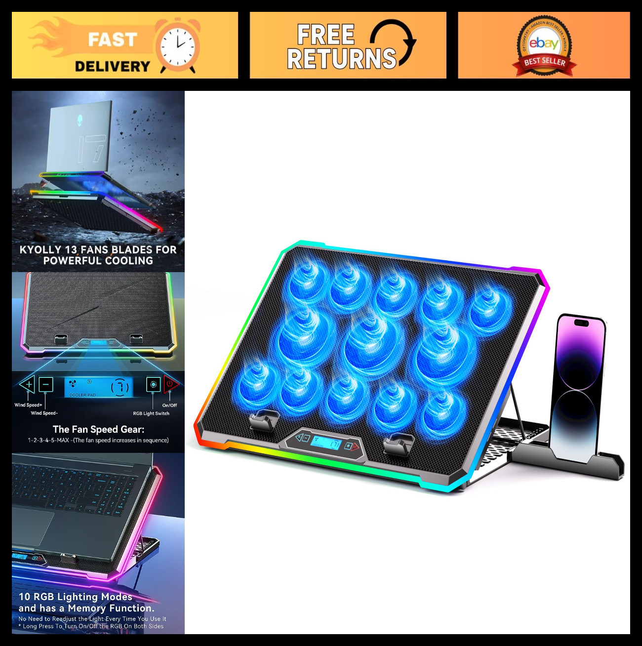 Ultra Quiet Gaming Laptop Cooler - 13 Fans, RGB Lighting, Adjustable Heights, US