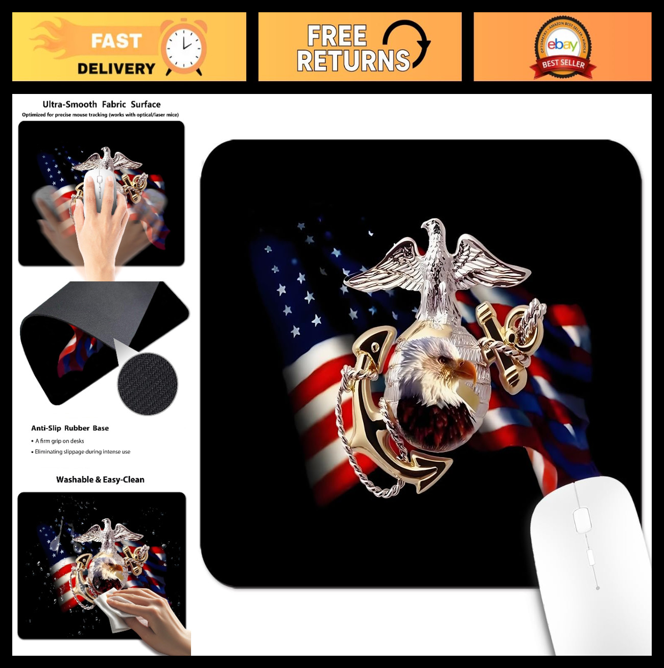Patriotic Eagle Mouse Pad 9.5"x7.9" - USMC Military Design, Anti-Slip Desk Mat