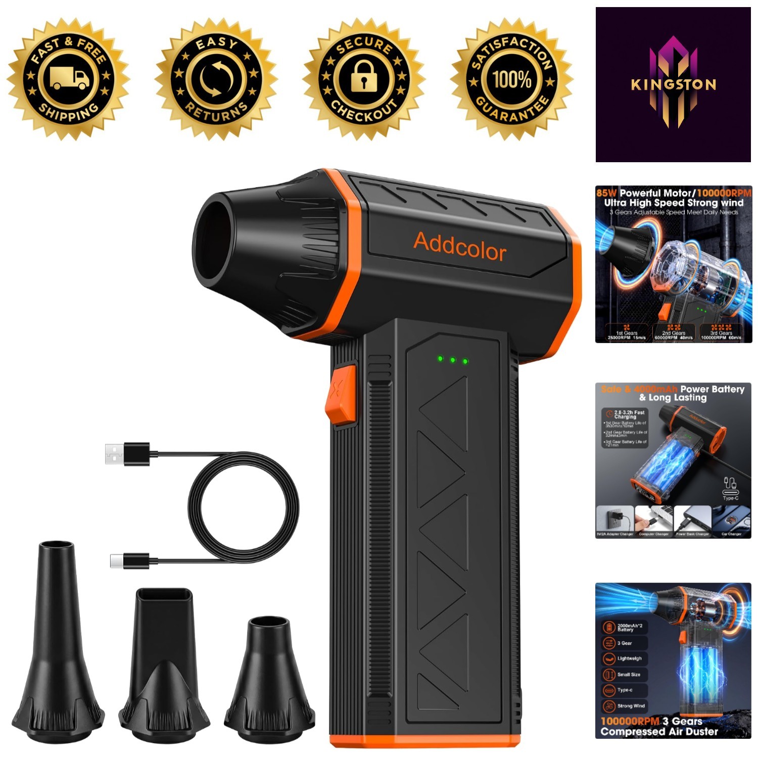 Compact 100000 RPM Electric Air Duster with Adjustable Speeds & Type-C Charging