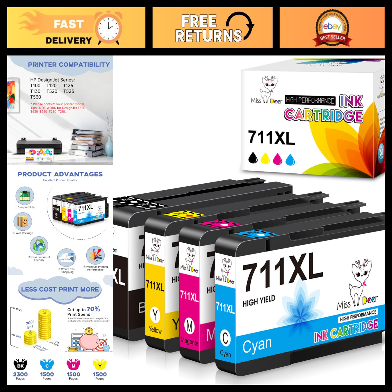 High-Quality Ink Cartridges Bundle for HP 711 711XL - Compatible with DesignJet