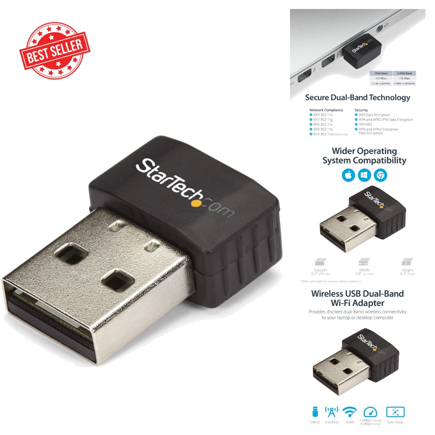 Versatile AC600 Dual Band USB WiFi Adapter - 433 Mbps for Laptops, Desktops