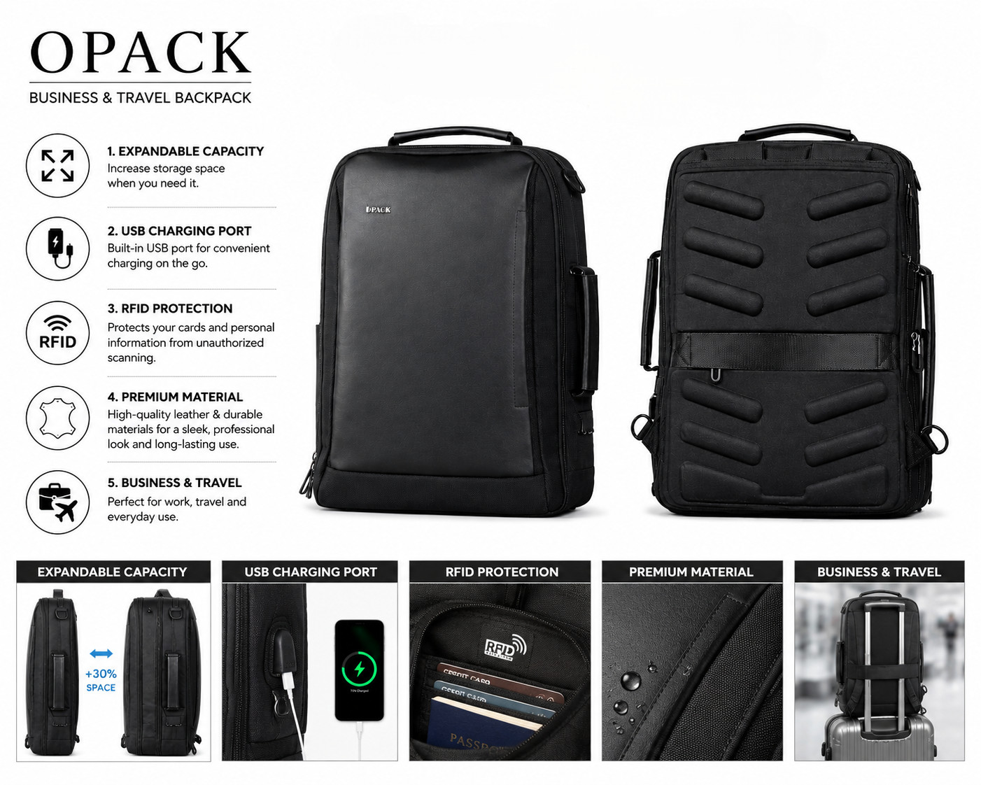 23L Leather Business Laptop Backpack Anti-Theft RFID USB Charging Travel